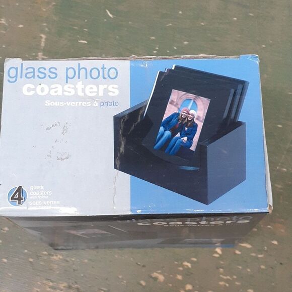 Glass Photo Coasters Set of 4 with Solid Wood Holder NIB - Picture 6 of 7